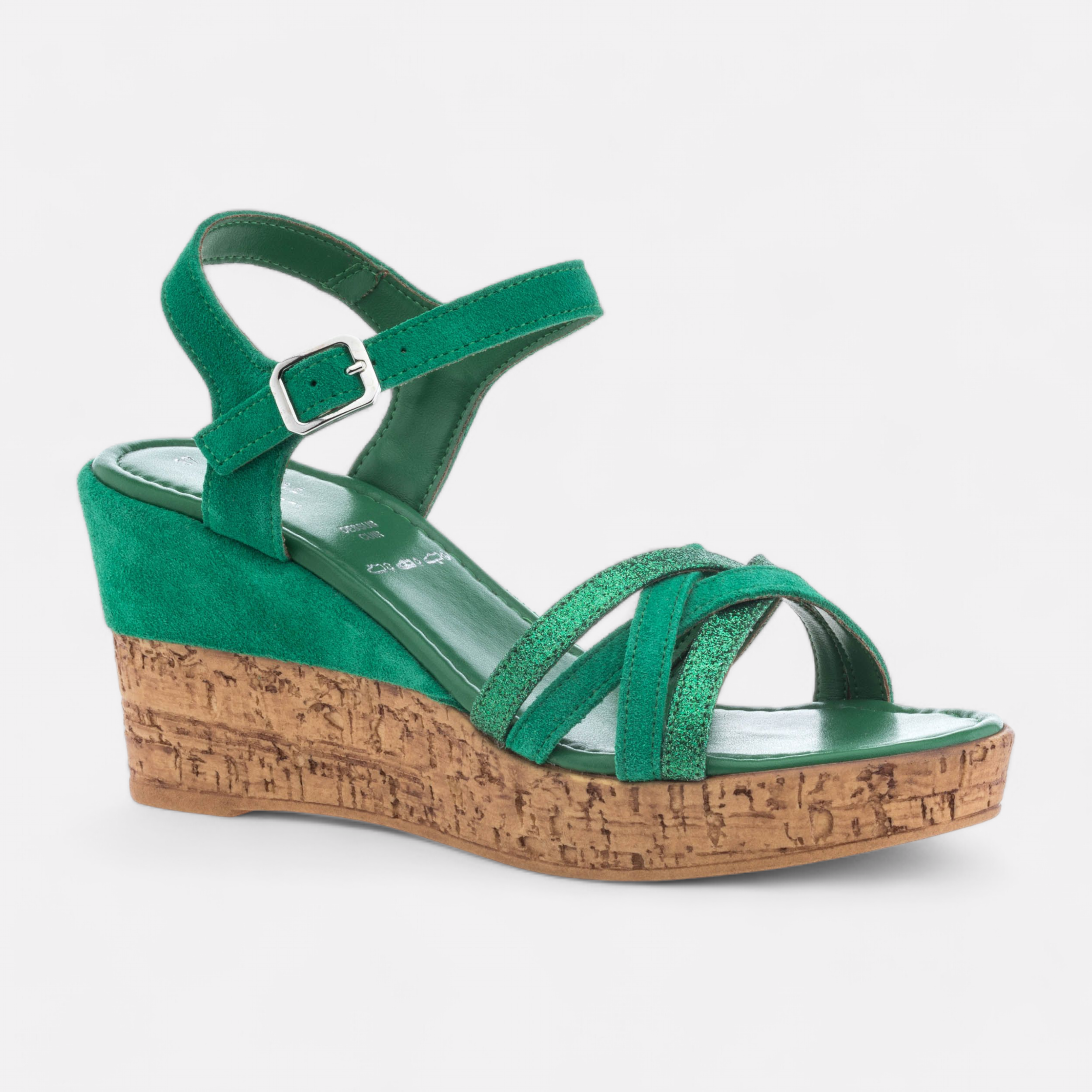 Sandales a talon compense Femme en cuir vert France FR