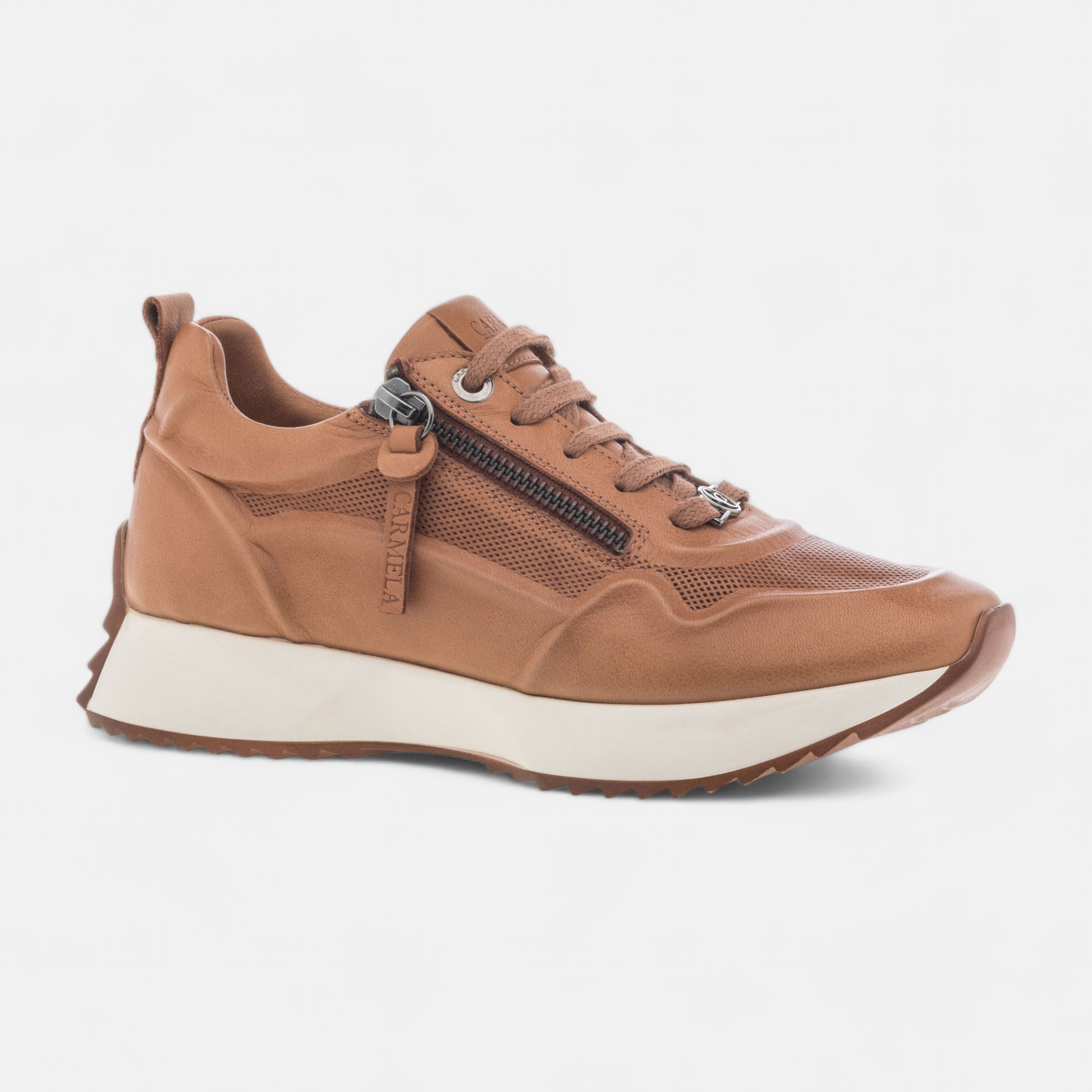 Baskets basses a talon compense Femme en cuir camel France FR