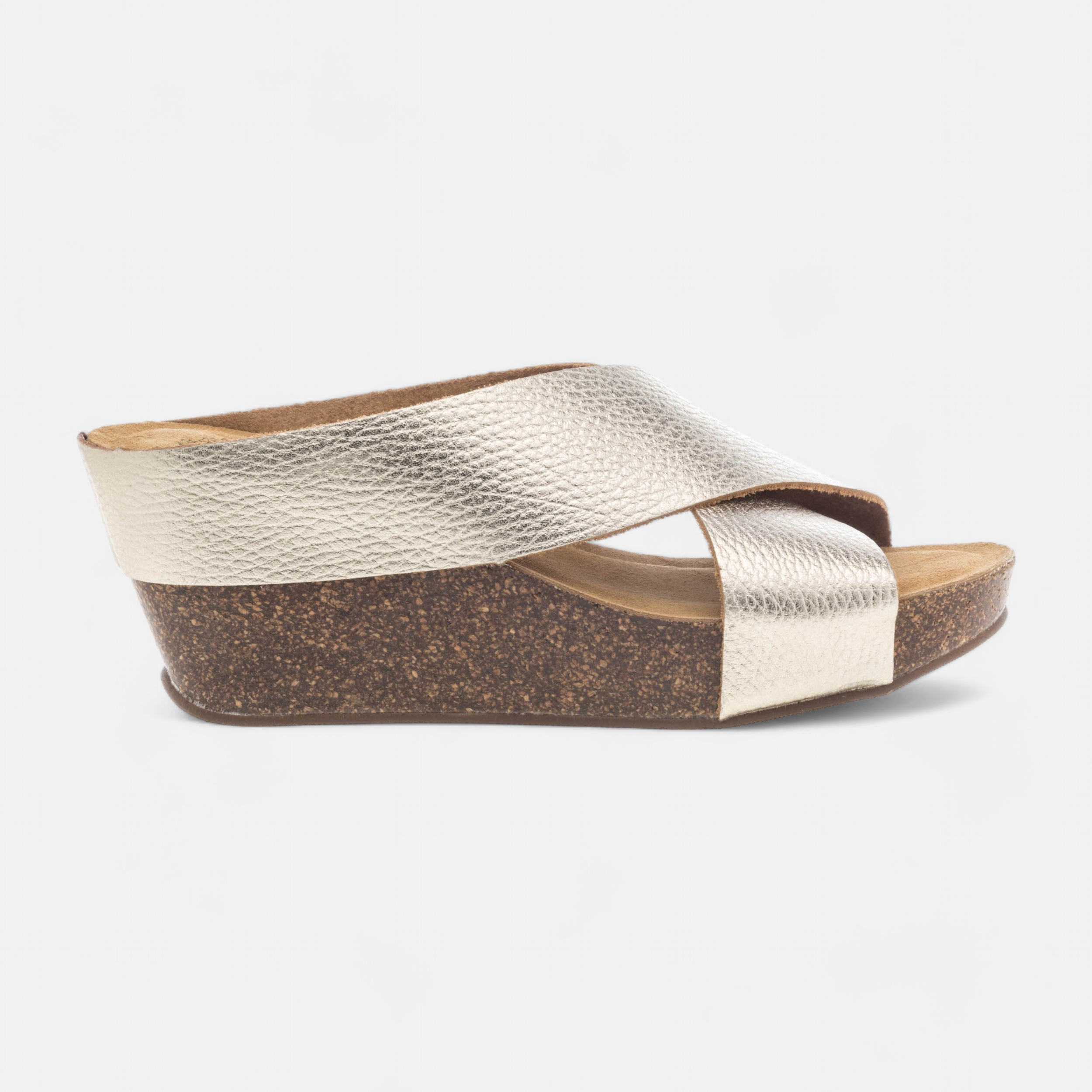 Mules semelle liege a talon compense Femme en cuir or France FR