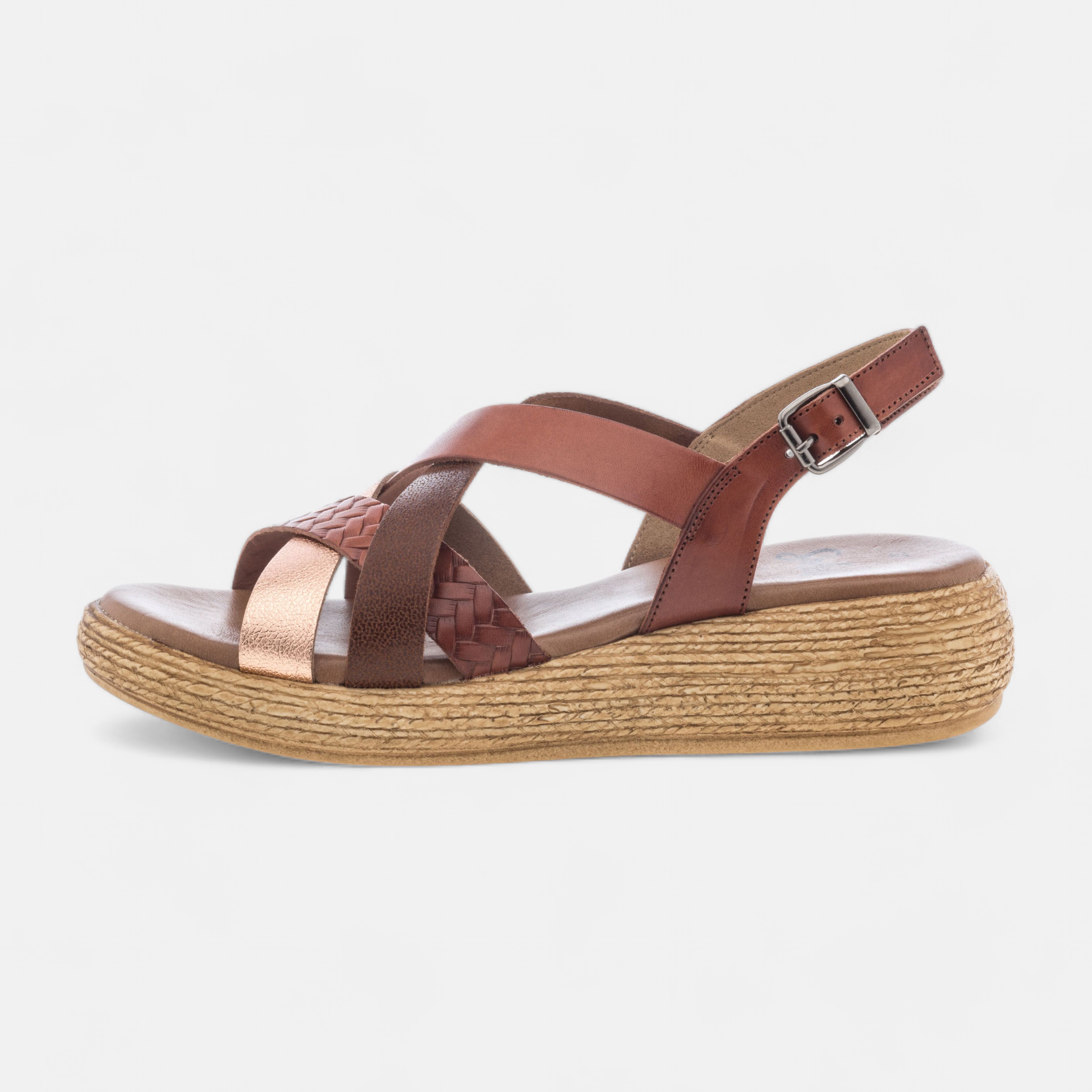 Sandales a talon compense Femme en cuir cognac France FR